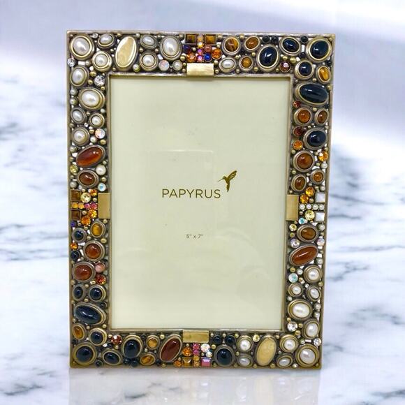 Papyrus NWT Gemstone Photo Frame Enameled White & Black Brown Brass 5 x 7 - Picture 1 of 12